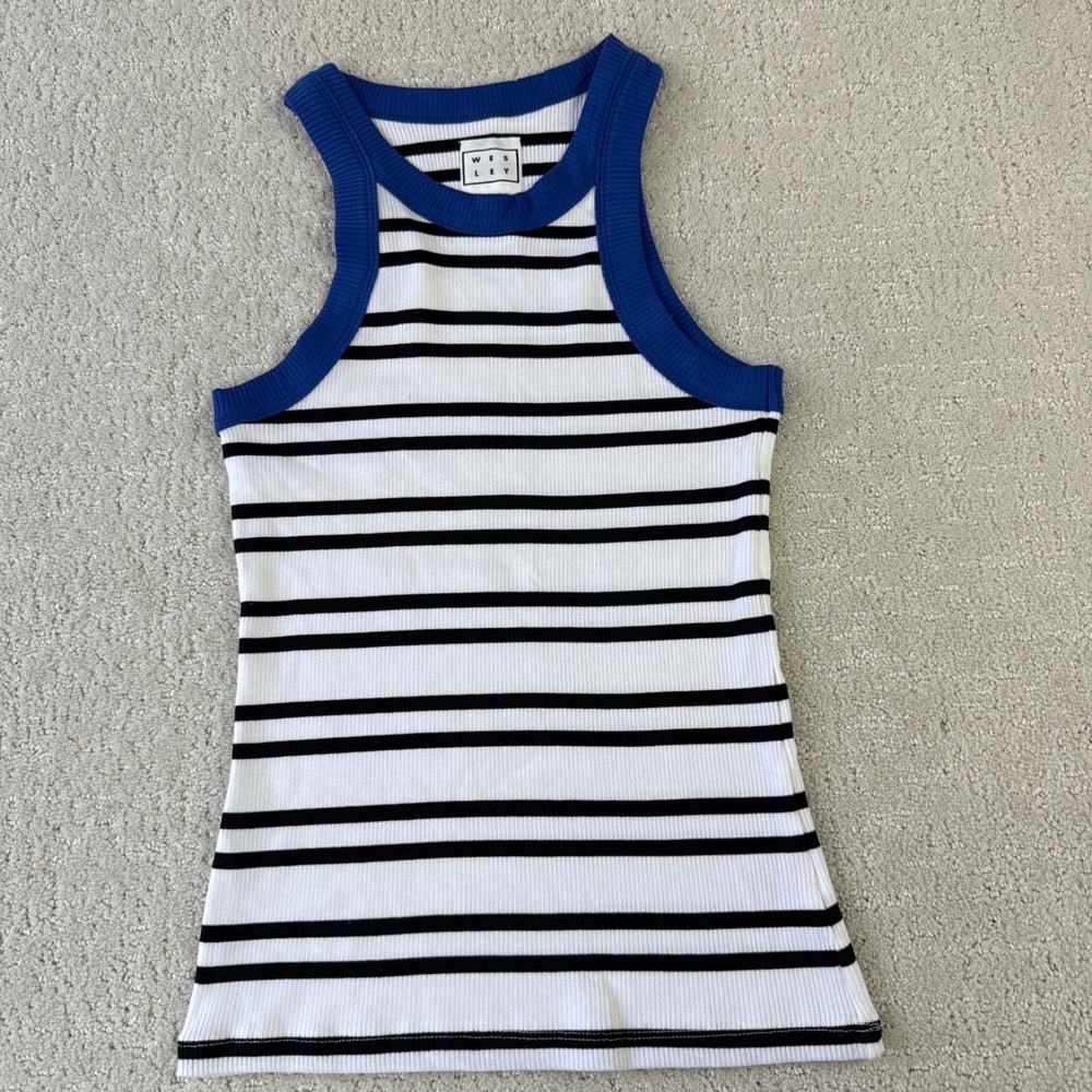 Wesley Ribbed Tank Top Womens Small White Black‎ Striped Blue Trim BA0S174NA